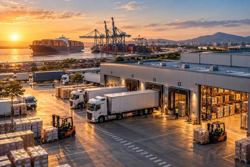 Centro logístico al atardecer con camiones en los muelles, palés y carretillas en movimiento