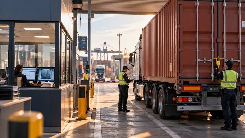 Punto de control aduanero en una terminal: revisión de documentación y del precinto de un contenedor