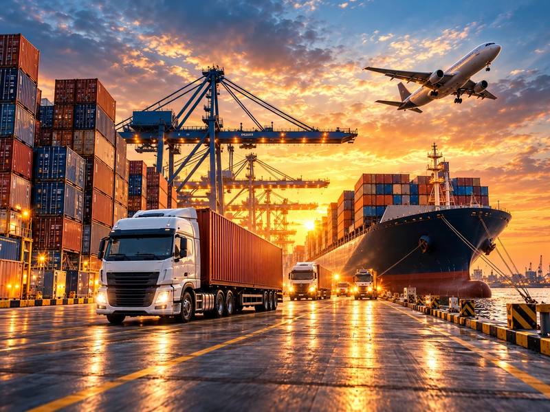 Composición logística al atardecer: camión con contenedor en una terminal portuaria, buque portacontenedores, grúas y un avión